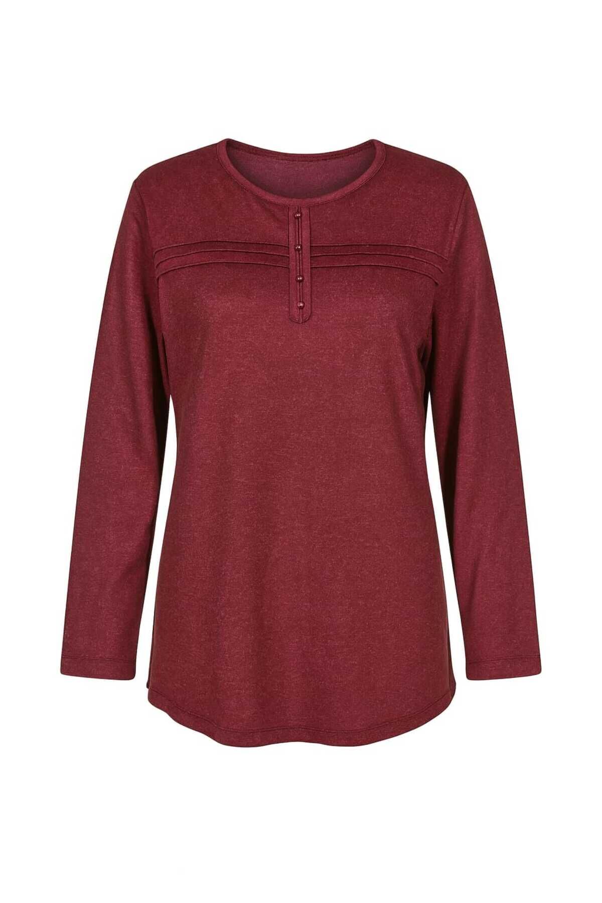 Kadın Kışlık Likralı Anne Penye Bluz Çizgili Şeritli Bordo - XL