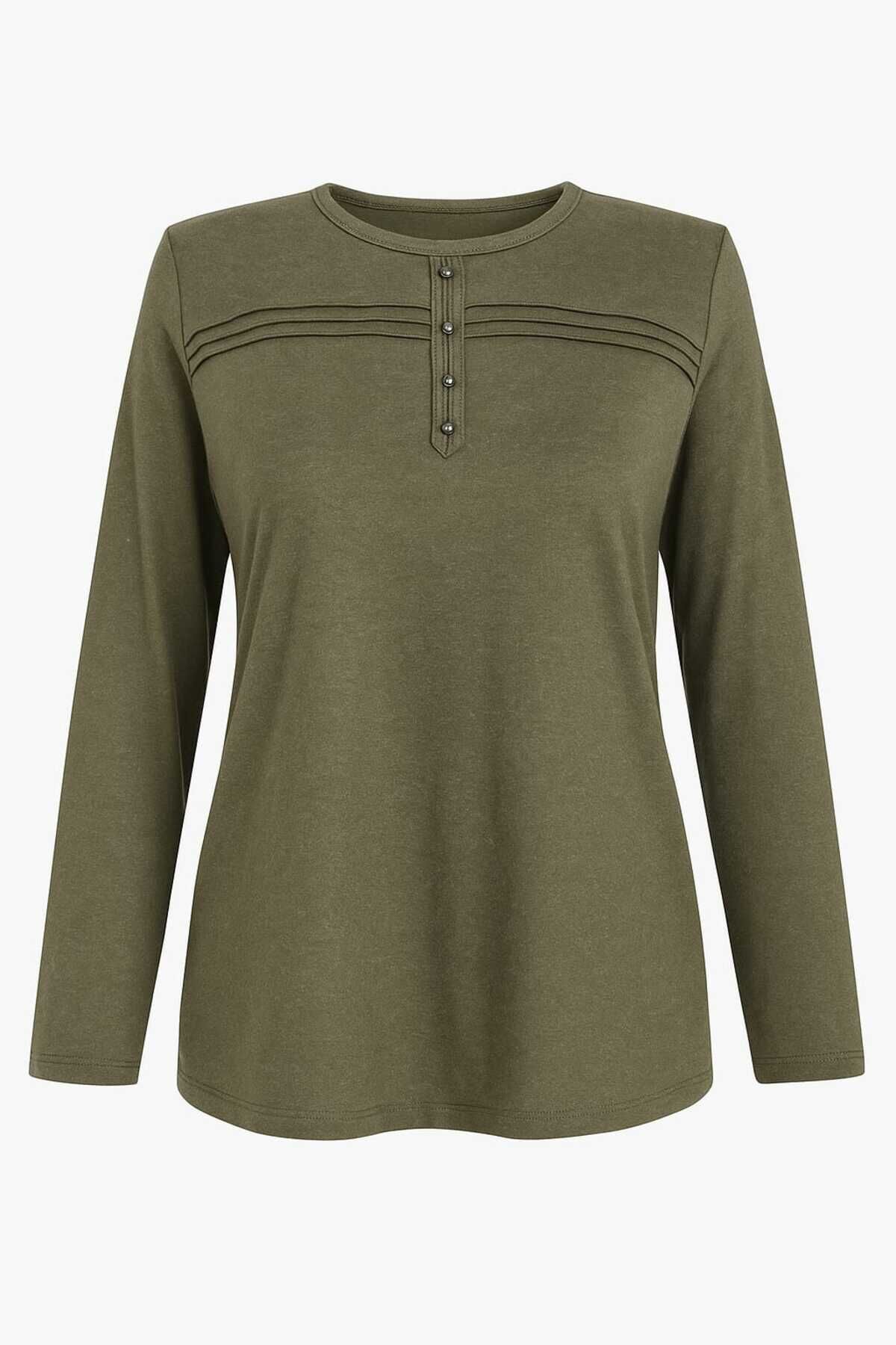 Kadın Kışlık Likralı Anne Penye Bluz Çizgili Şeritli Haki̇ - L