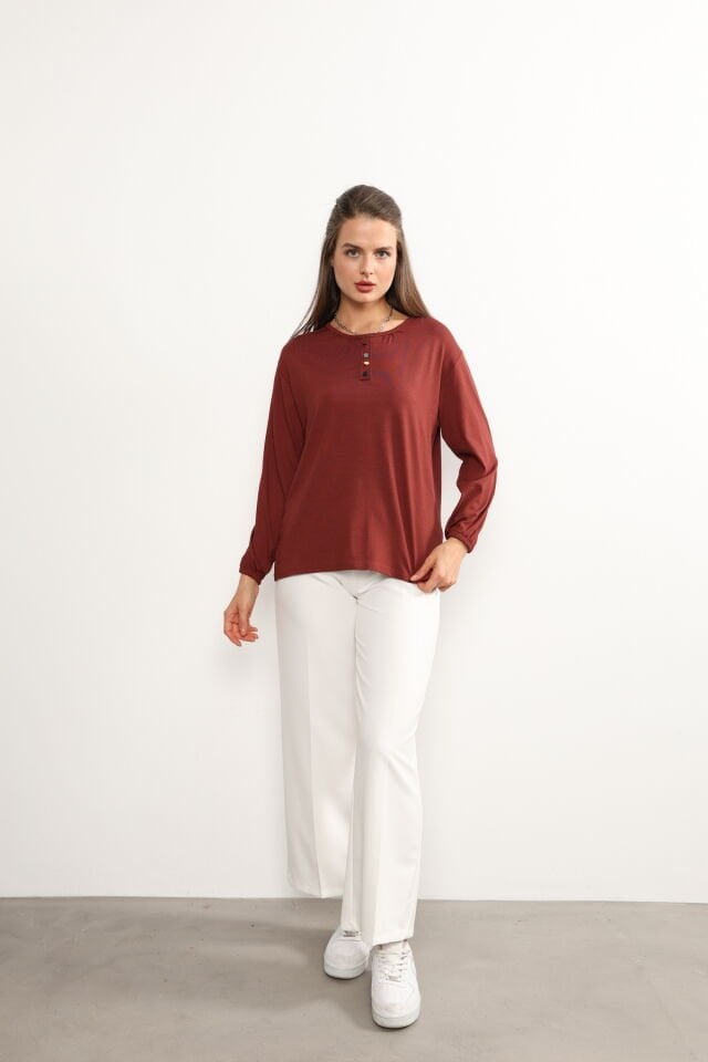 Kadın Likralı Orta Yaş Ve Üzeri Dört Mevsim Yeşil Anne Penye Bluz Düğme Desenli Lastikli Kol Kiremit - 3XL