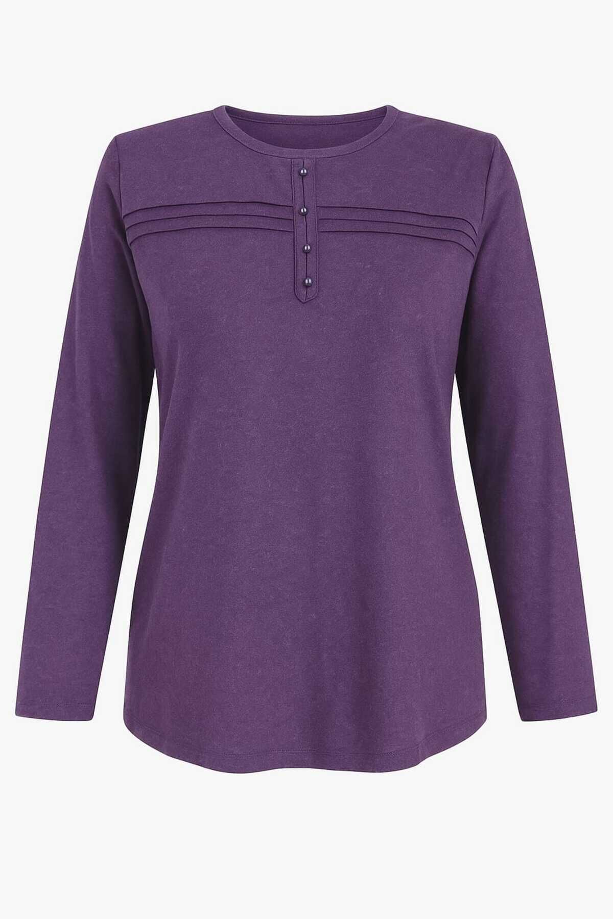 Kadın Kışlık Likralı Anne Penye Bluz Çizgili Şeritli Mor - XL