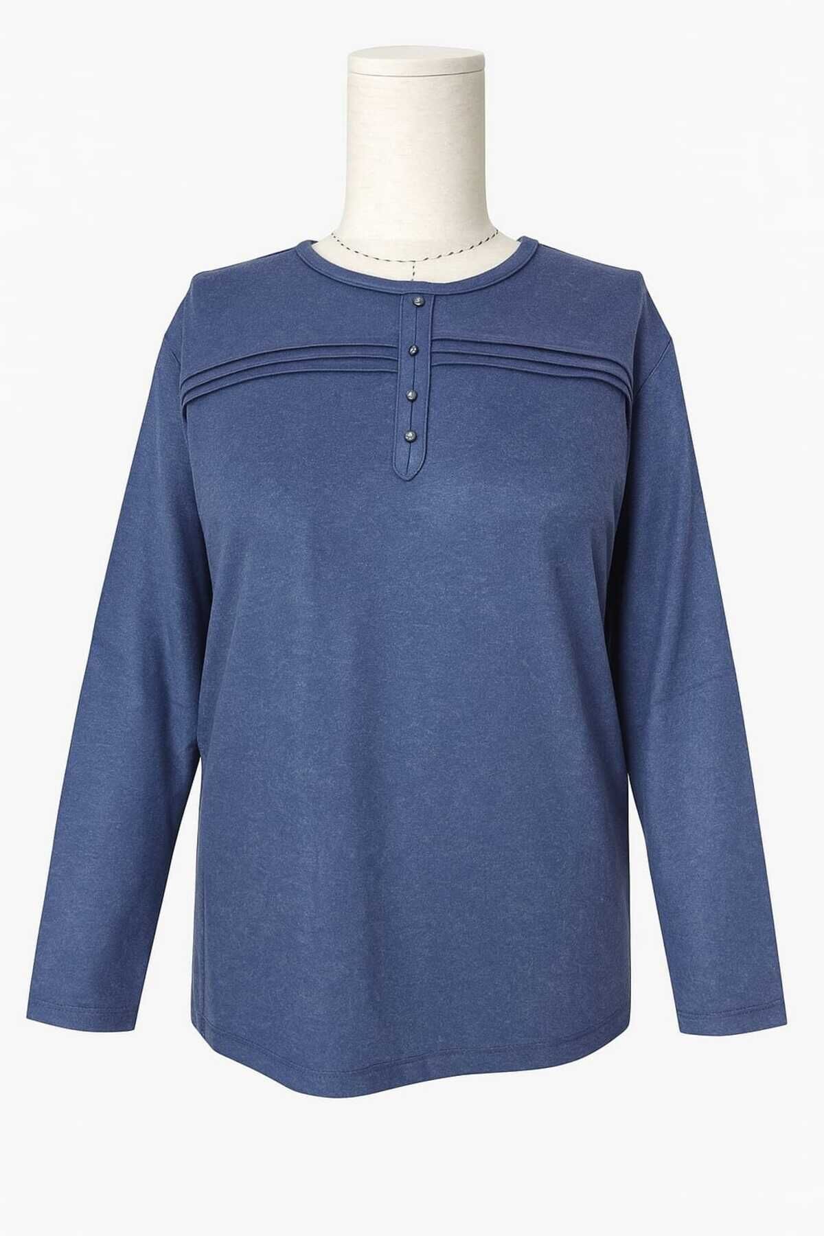 Kadın Kışlık Likralı Anne Penye Bluz Çizgili Şeritli Laci̇vert - 3XL