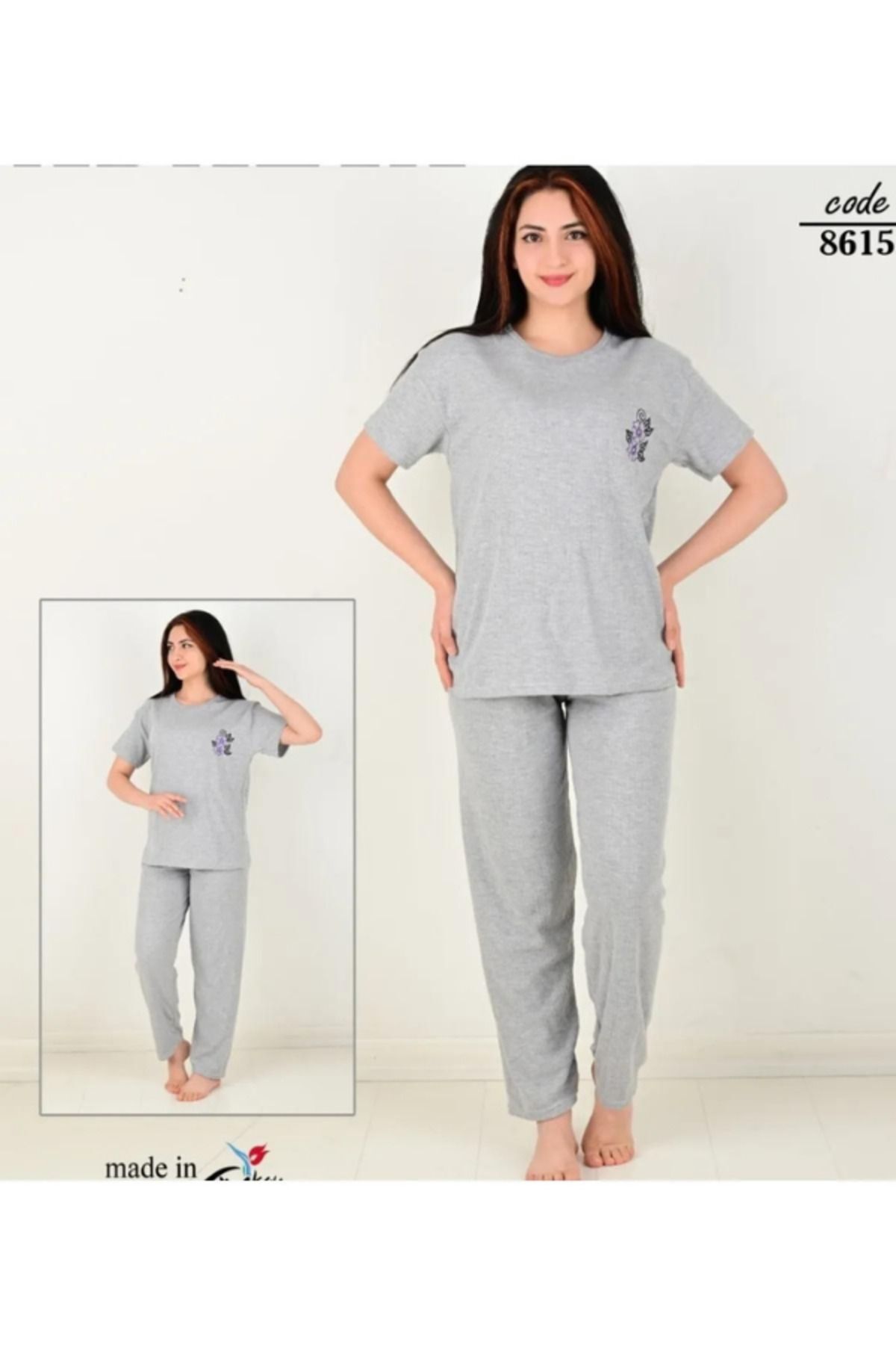 Kadın Genç Ve Orta Yaş Kısa Kollu Yazlık Mevsimlik Gecelik Gri Desenli Pijama Takımı Gri̇ - M