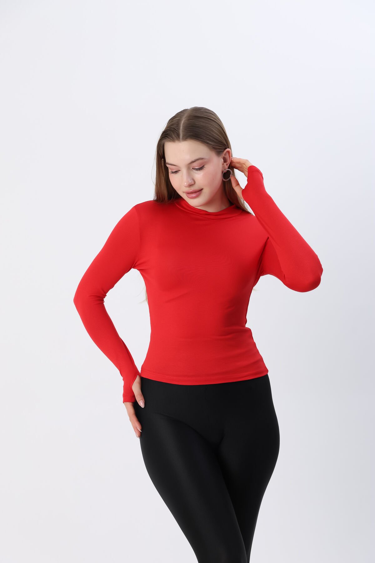 Kadın Beyaz Yarım Boğazlı Yarım Balıkçı Yaka Parmak Detaylı Penye Body Bluz Kırmızı - L