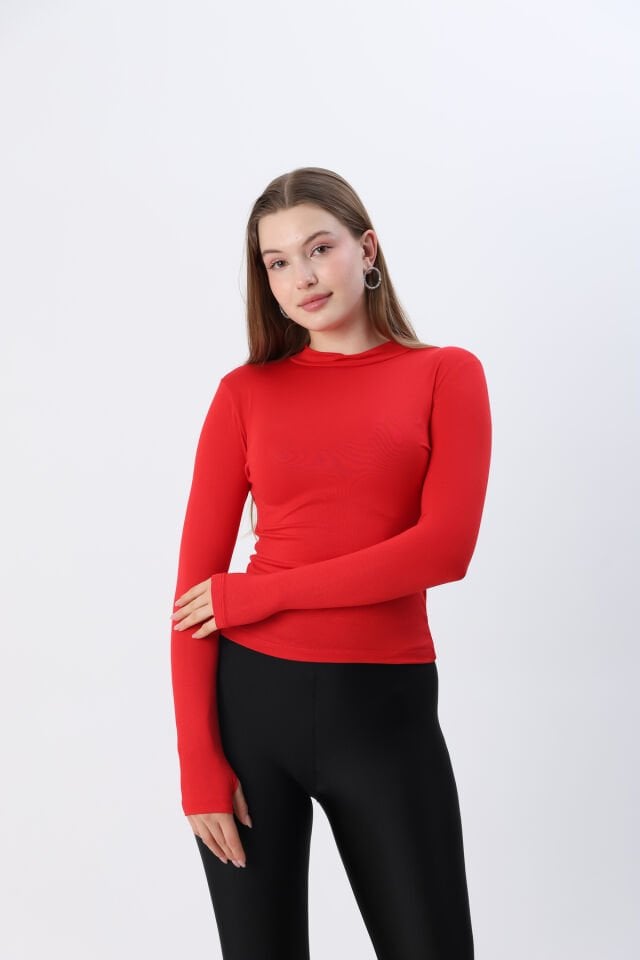 Kadın Beyaz Yarım Boğazlı Yarım Balıkçı Yaka Parmak Detaylı Penye Body Bluz Kırmızı - L