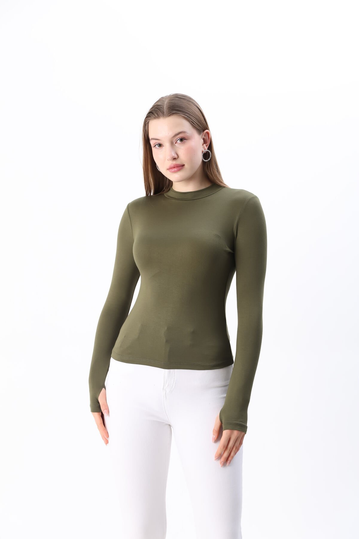 Kadın Beyaz Yarım Boğazlı Yarım Balıkçı Yaka Parmak Detaylı Penye Body Bluz Haki - L