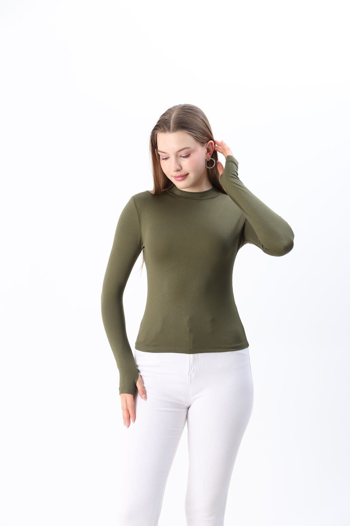 Kadın Beyaz Yarım Boğazlı Yarım Balıkçı Yaka Parmak Detaylı Penye Body Bluz Haki - L