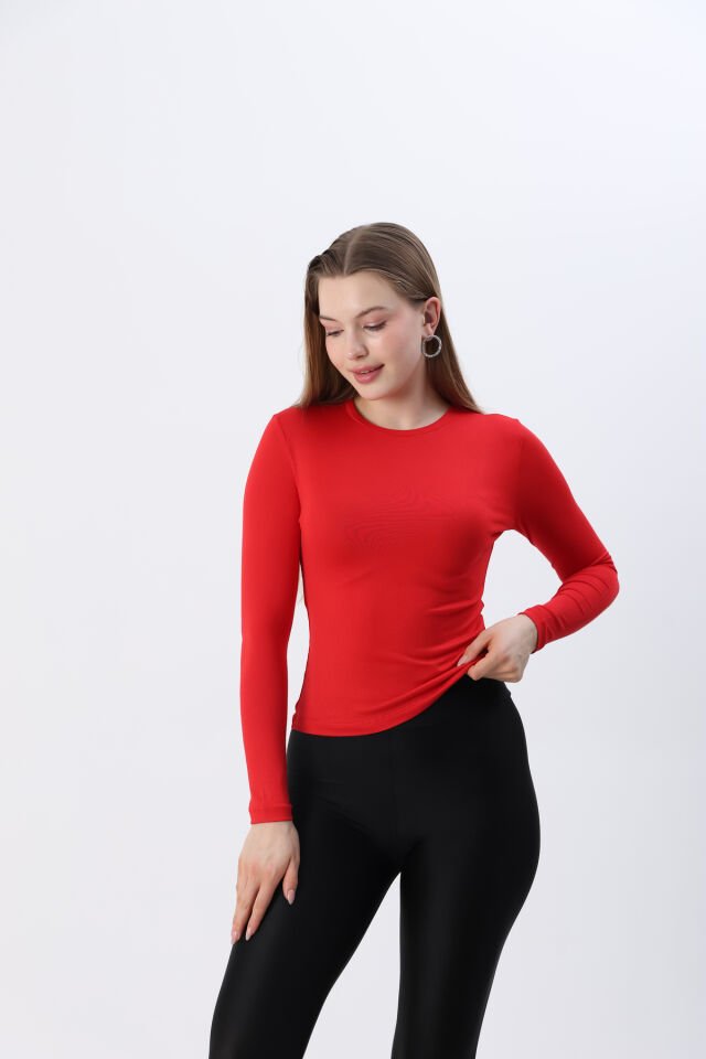 Kadın Kırmızı Yeni Sezon Bisiklet Yaka Uzun kol Penye Body Kırmızı - S