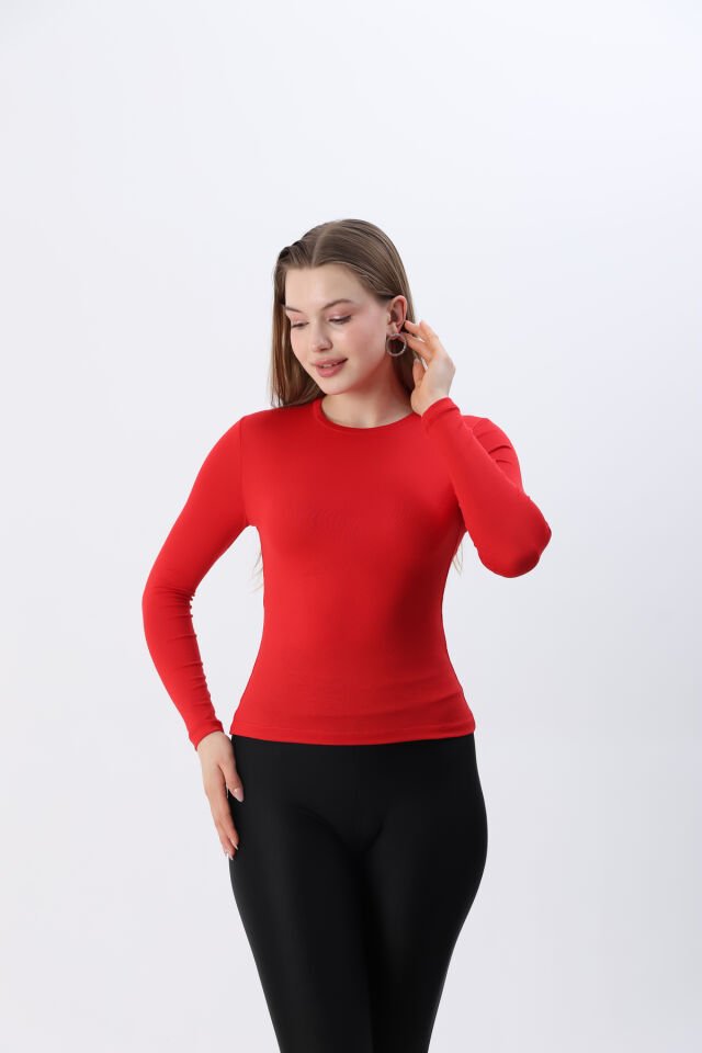 Kadın Kırmızı Yeni Sezon Bisiklet Yaka Uzun kol Penye Body Kırmızı - L