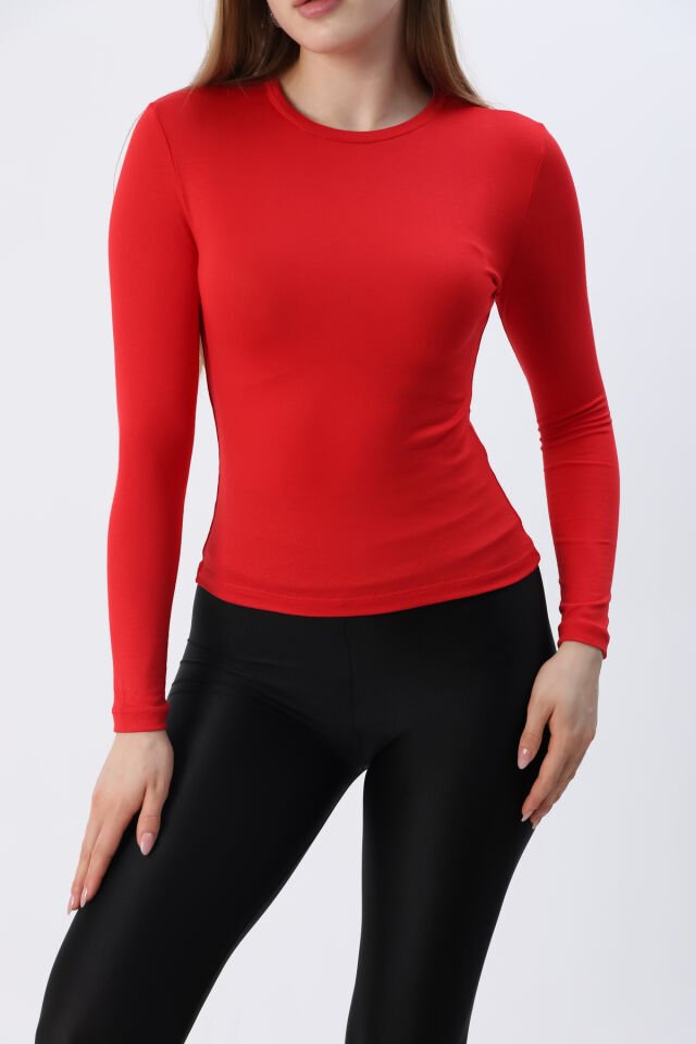 Kadın Kırmızı Yeni Sezon Bisiklet Yaka Uzun kol Penye Body Kırmızı - L