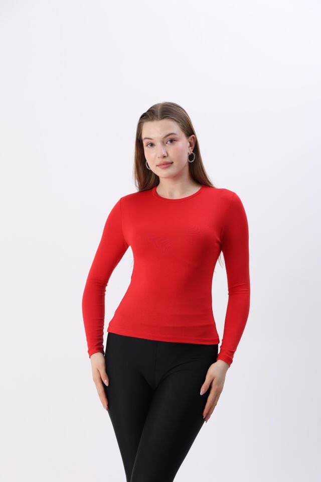 Kadın Kırmızı Yeni Sezon Bisiklet Yaka Uzun kol Penye Body Kırmızı - M