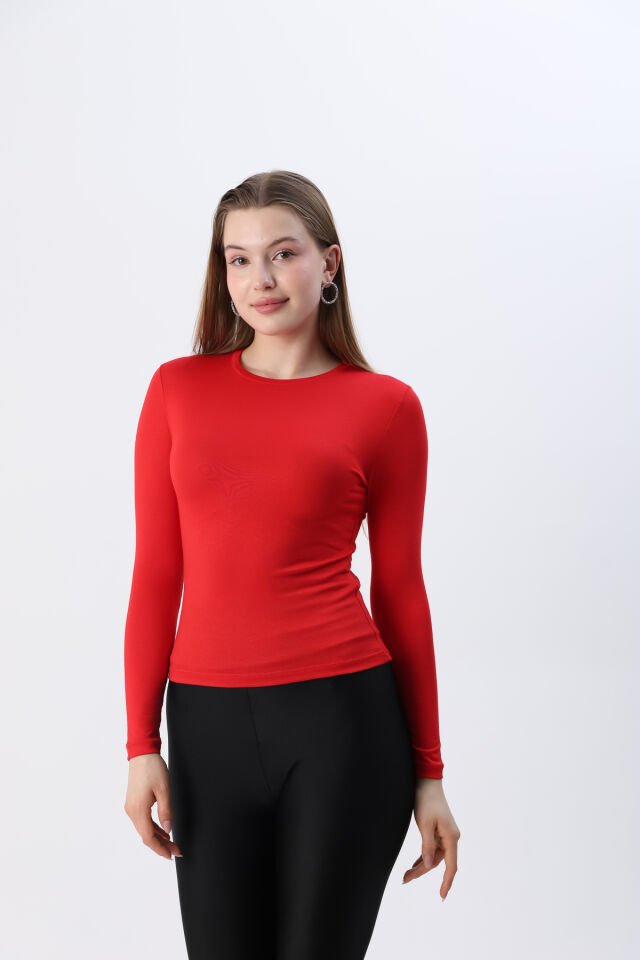 Kadın Kırmızı Yeni Sezon Bisiklet Yaka Uzun kol Penye Body Kırmızı - M