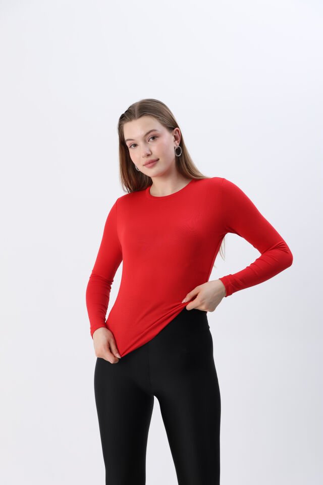 Kadın Kırmızı Yeni Sezon Bisiklet Yaka Uzun kol Penye Body Kırmızı - M