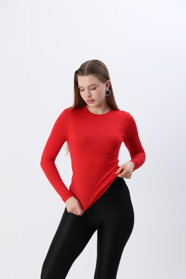 Kadın Kırmızı Yeni Sezon Bisiklet Yaka Uzun kol Penye Body Kırmızı - M