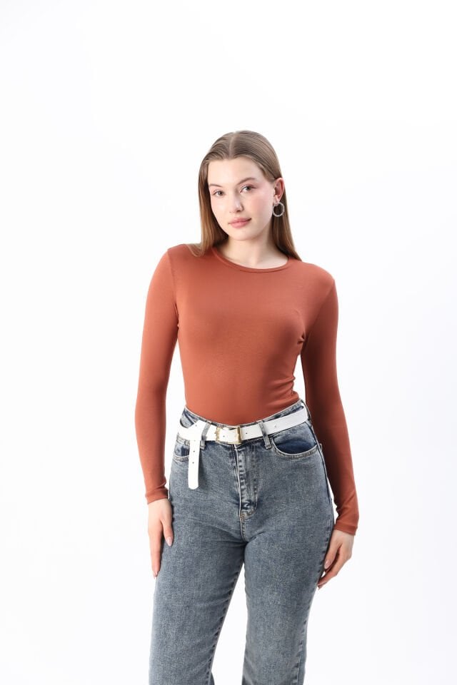 Kadın Kırmızı Yeni Sezon Bisiklet Yaka Uzun kol Penye Body Kahverengi - L