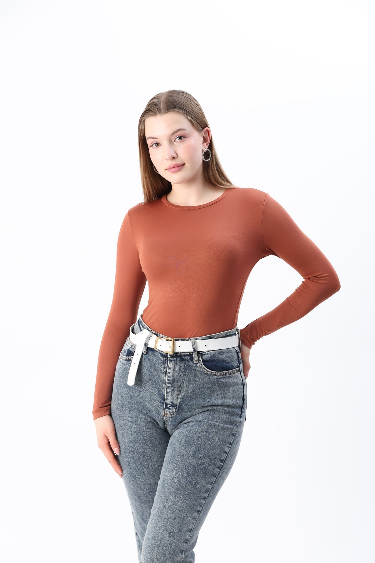 Kadın Kırmızı Yeni Sezon Bisiklet Yaka Uzun kol Penye Body Kahverengi - L