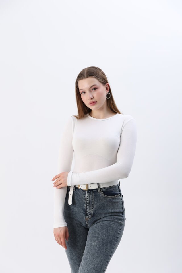 Kadın Kırmızı Yeni Sezon Bisiklet Yaka Uzun kol Penye Body Beyaz - L
