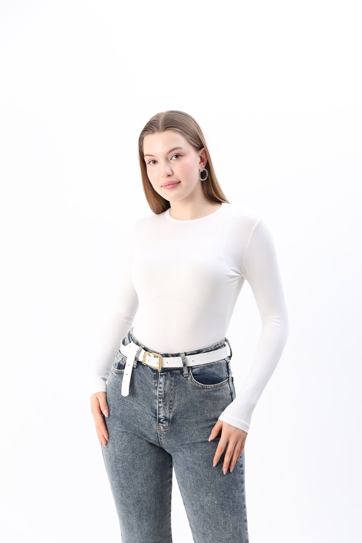 Kadın Kırmızı Yeni Sezon Bisiklet Yaka Uzun kol Penye Body Beyaz - S