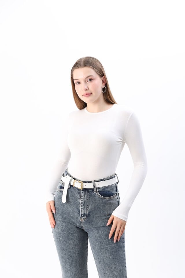 Kadın Kırmızı Yeni Sezon Bisiklet Yaka Uzun kol Penye Body Beyaz - M