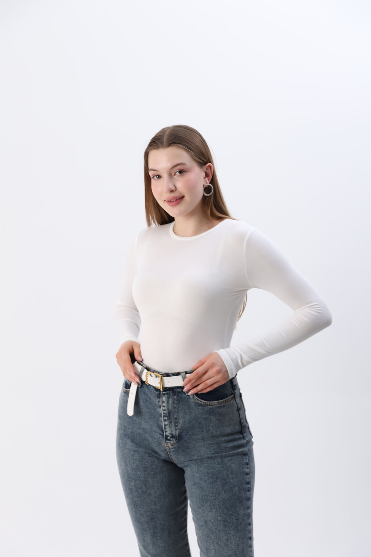 Kadın Kırmızı Yeni Sezon Bisiklet Yaka Uzun kol Penye Body Beyaz - M