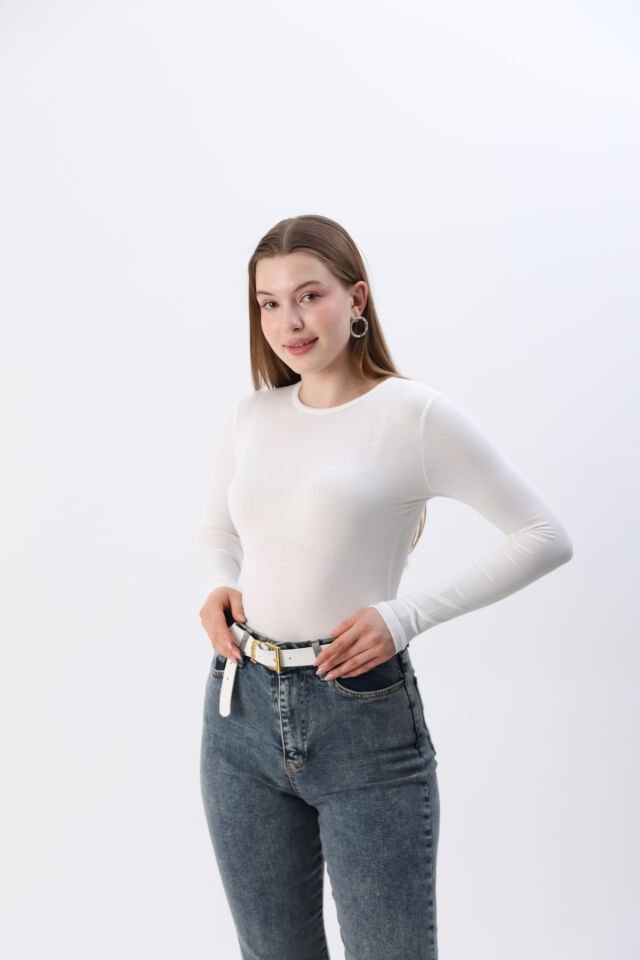 Kadın Kırmızı Yeni Sezon Bisiklet Yaka Uzun kol Penye Body Beyaz - M