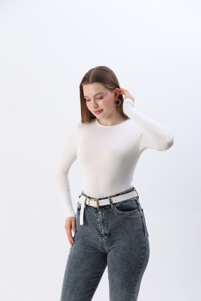 Kadın Kırmızı Yeni Sezon Bisiklet Yaka Uzun kol Penye Body Beyaz - M