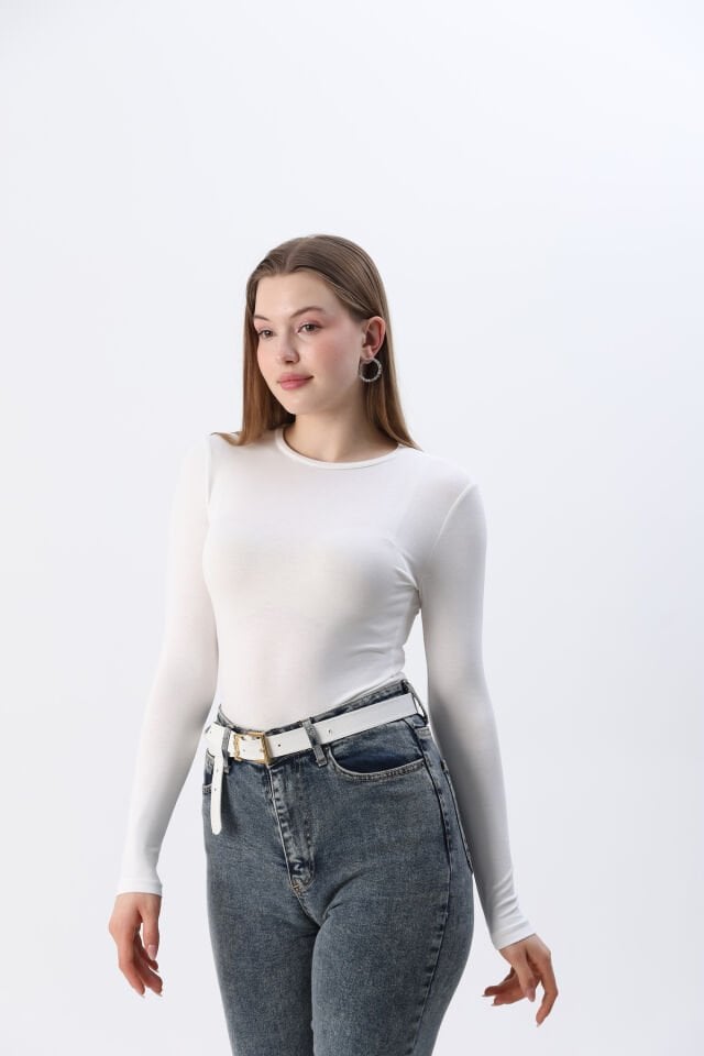 Kadın Kırmızı Yeni Sezon Bisiklet Yaka Uzun kol Penye Body Beyaz - M