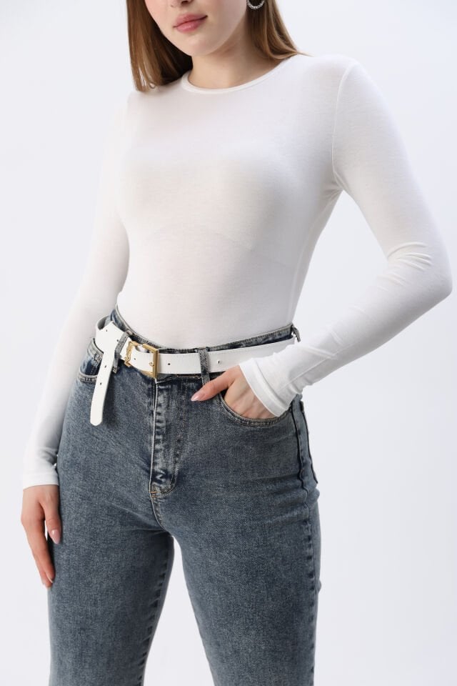 Kadın Kırmızı Yeni Sezon Bisiklet Yaka Uzun kol Penye Body Beyaz - M