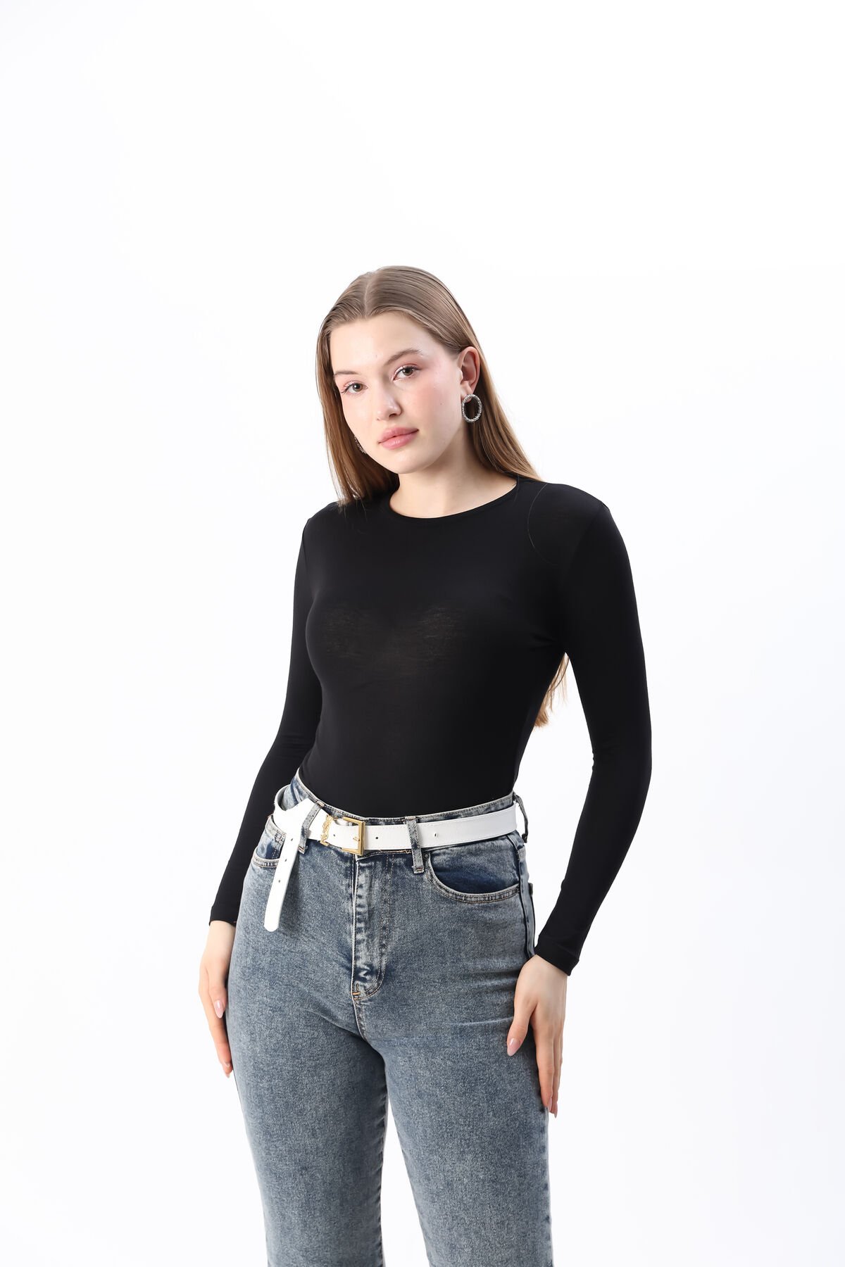 Kadın Kırmızı Yeni Sezon Bisiklet Yaka Uzun kol Penye Body Siyah - L