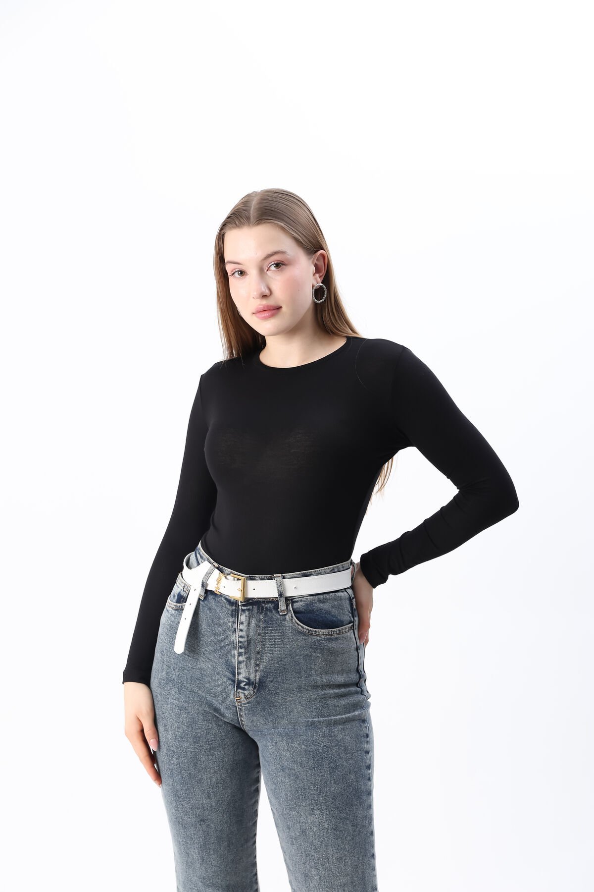 Kadın Kırmızı Yeni Sezon Bisiklet Yaka Uzun kol Penye Body Siyah - M