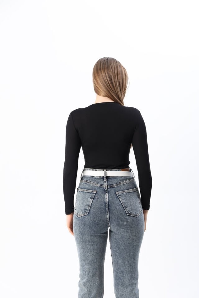 Kadın Kırmızı Yeni Sezon Bisiklet Yaka Uzun kol Penye Body Siyah - M