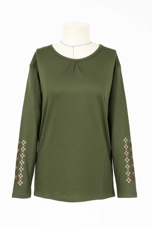 Kadın Likralı Orta Yaş Ve Üzeri Dört Mevsim Füme Anne Penye Bluz Yeni Sezon Kolu İşlemeli Haki - XL