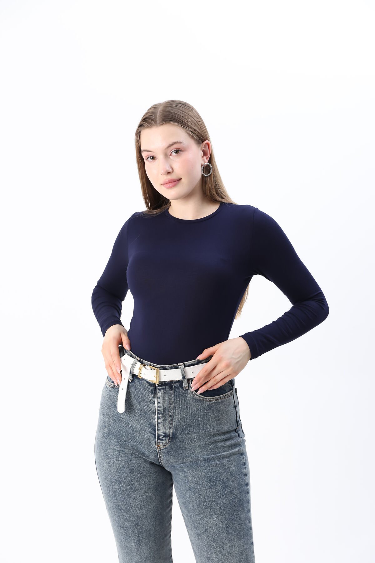 Kadın Kırmızı Yeni Sezon Bisiklet Yaka Uzun kol Penye Body Lacivert - L