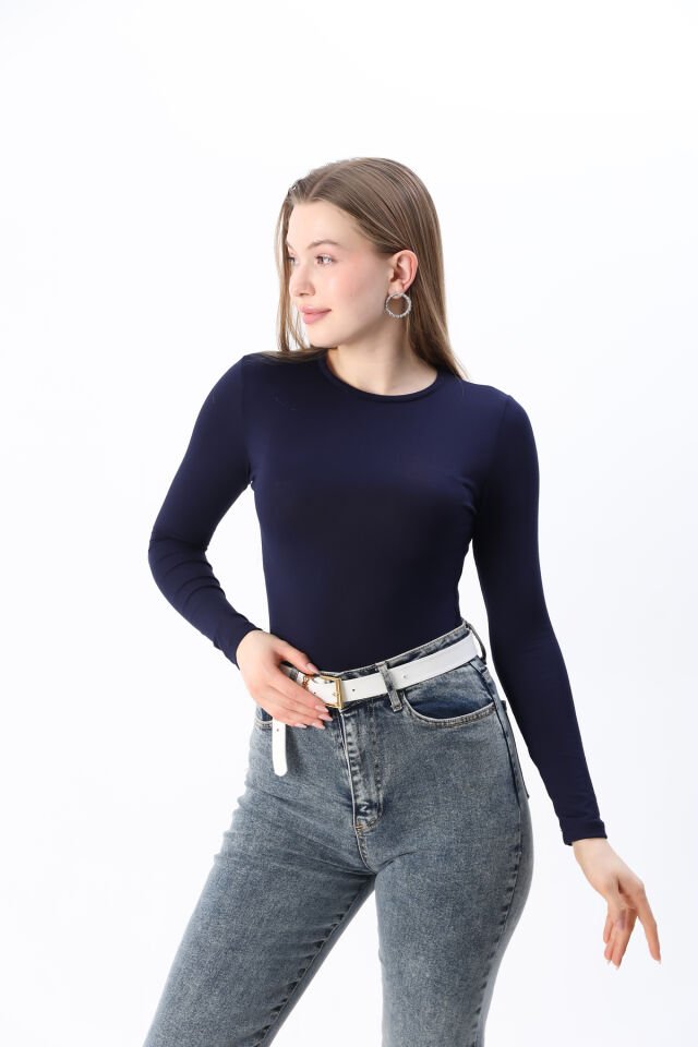 Kadın Kırmızı Yeni Sezon Bisiklet Yaka Uzun kol Penye Body Lacivert - L