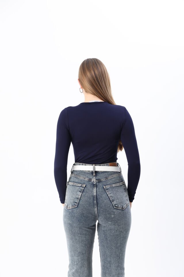 Kadın Kırmızı Yeni Sezon Bisiklet Yaka Uzun kol Penye Body Lacivert - L