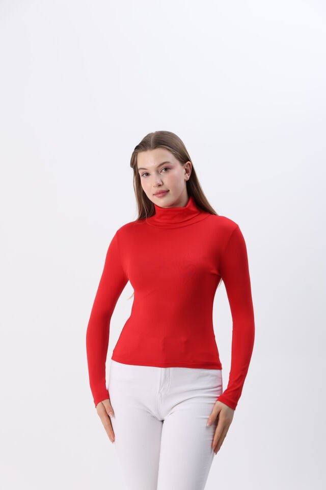 Kadın Beyaz Yeni Sezon Tam Boğazlı Balıkçı Yaka Penye Body Bluz Kırmızı - S