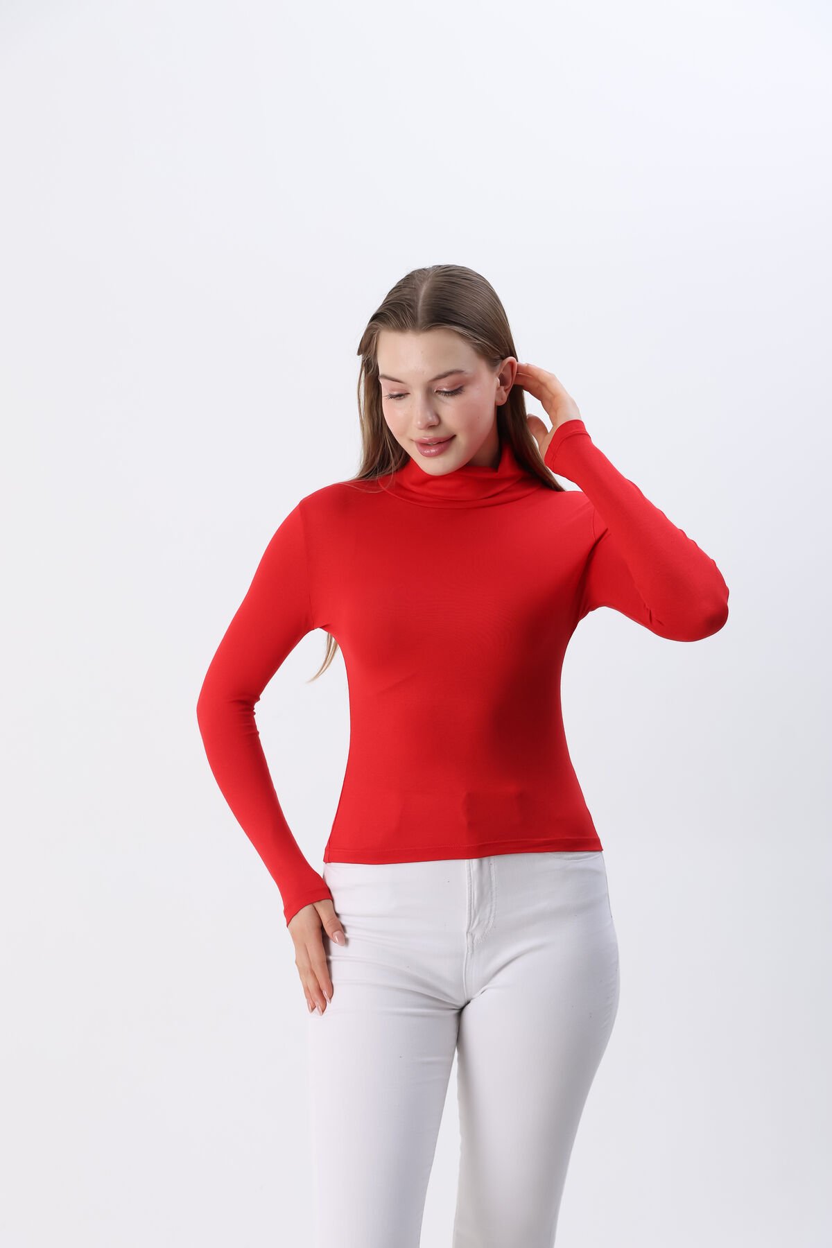 Kadın Beyaz Yeni Sezon Tam Boğazlı Balıkçı Yaka Penye Body Bluz Kırmızı - S