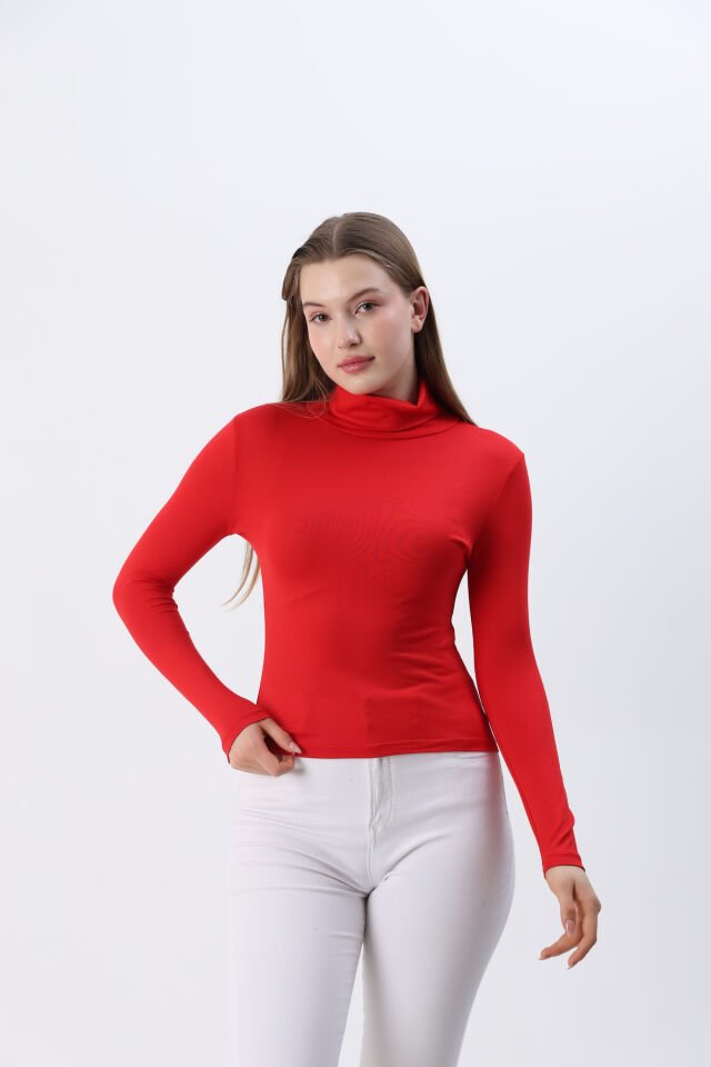 Kadın Beyaz Yeni Sezon Tam Boğazlı Balıkçı Yaka Penye Body Bluz Kırmızı - S