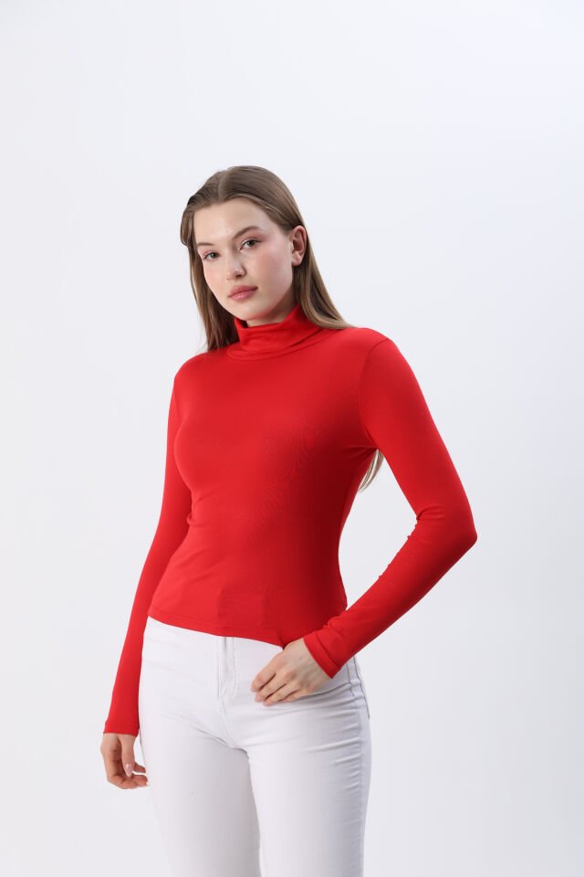 Kadın Beyaz Yeni Sezon Tam Boğazlı Balıkçı Yaka Penye Body Bluz Kırmızı - S