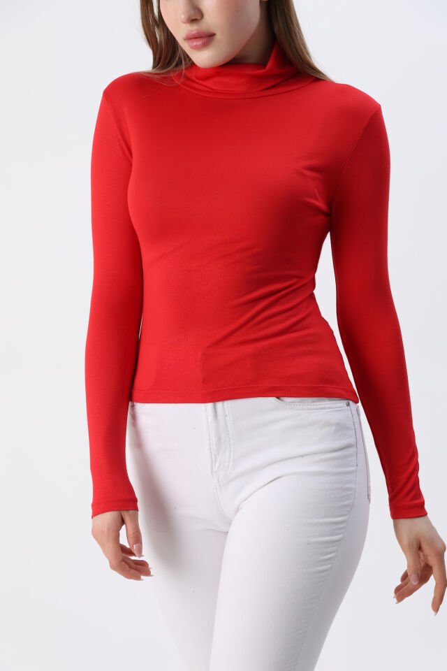 Kadın Beyaz Yeni Sezon Tam Boğazlı Balıkçı Yaka Penye Body Bluz Kırmızı - S