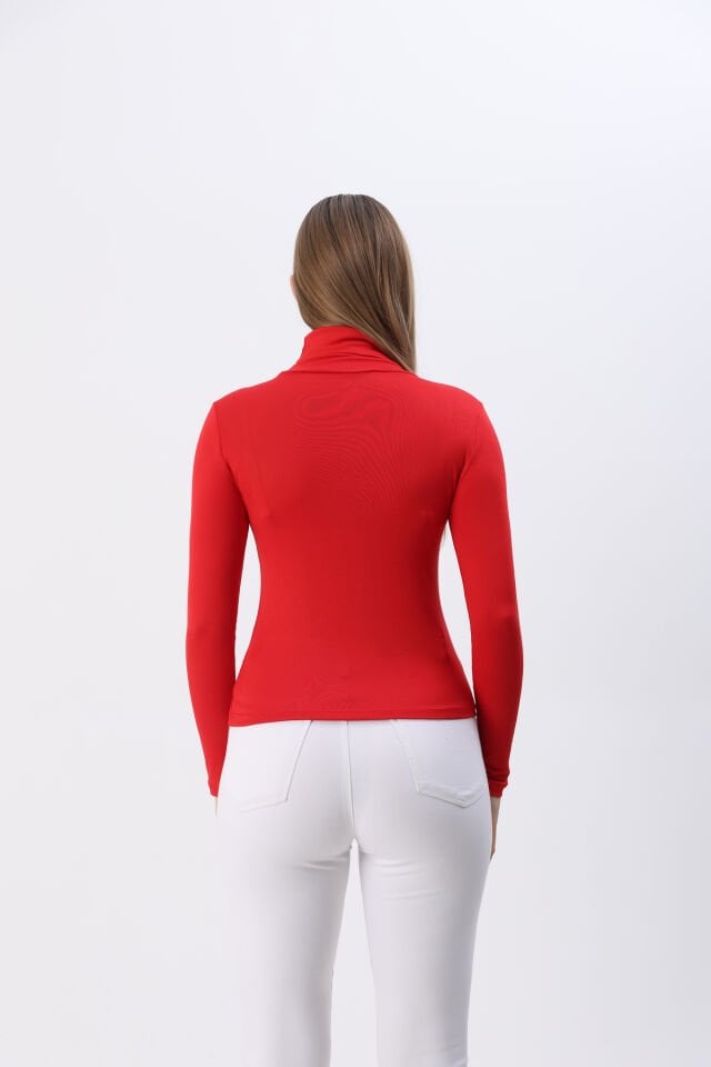 Kadın Beyaz Yeni Sezon Tam Boğazlı Balıkçı Yaka Penye Body Bluz Kırmızı - S