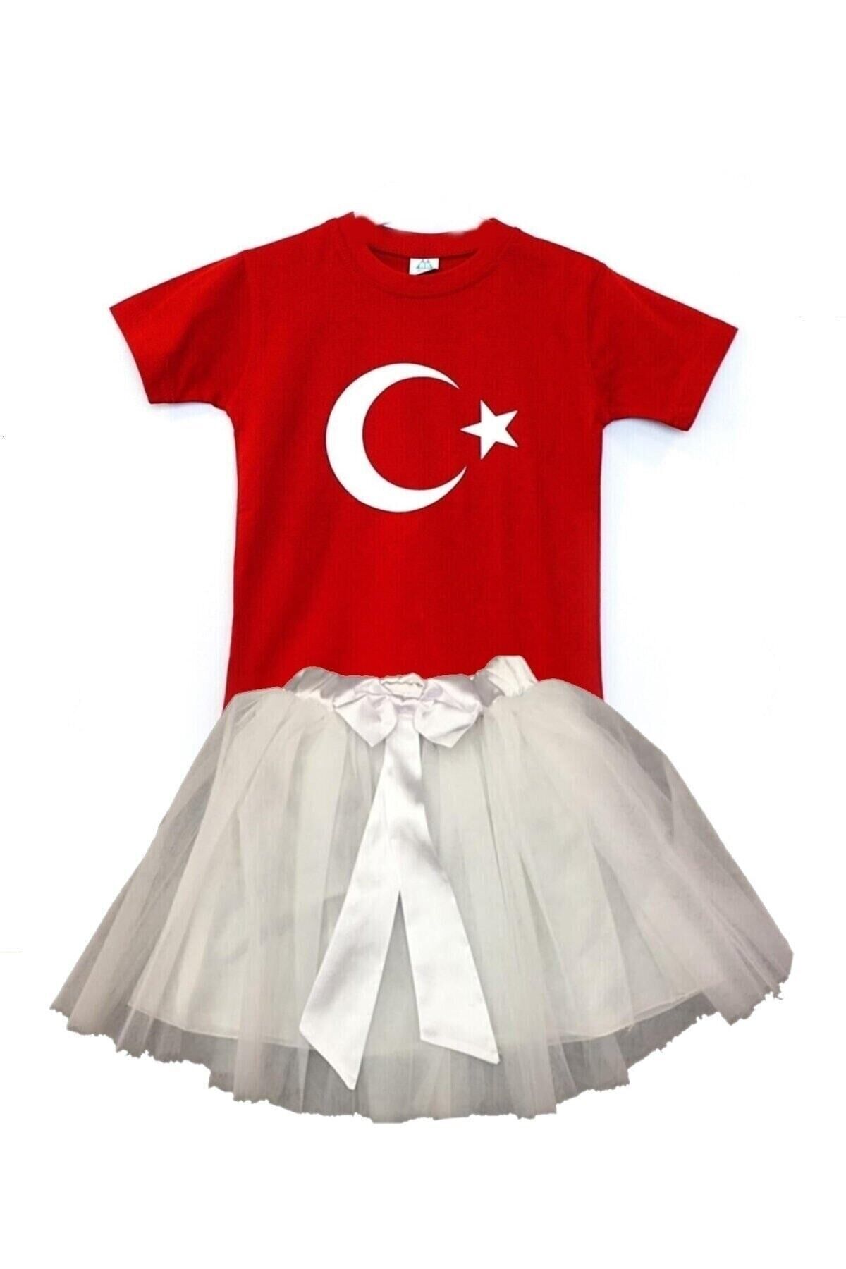 Kız Çocuk 23nisan 19 Mayıs 29 Ekim Gösteri Doğumgünü Kıyafeti Ayyıldız Kısa Kol & Tütü Etek Takım