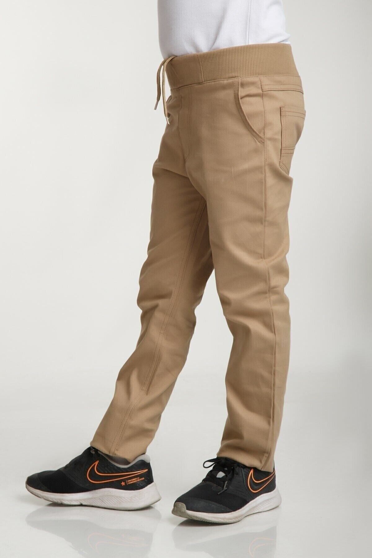 Okul Pantolonu Lastikli Ribana Bel Kanvas Çocuk Pantolonu Bej - 5-6 Yaş