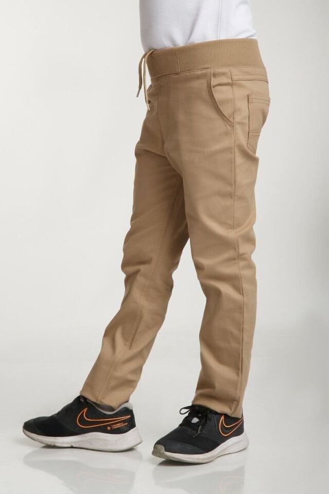 Okul Pantolonu Lastikli Ribana Bel Kanvas Çocuk Pantolonu Bej - 5-6 Yaş