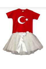 Kız Çocuk 23 Nisan 29 Ekim Gösteri Doğumgünü Kıyafeti Desenli Kısa Kol Beyaz T-shırt Tütü Etek Takım Kırmızı Beyaz - 9 Yaş