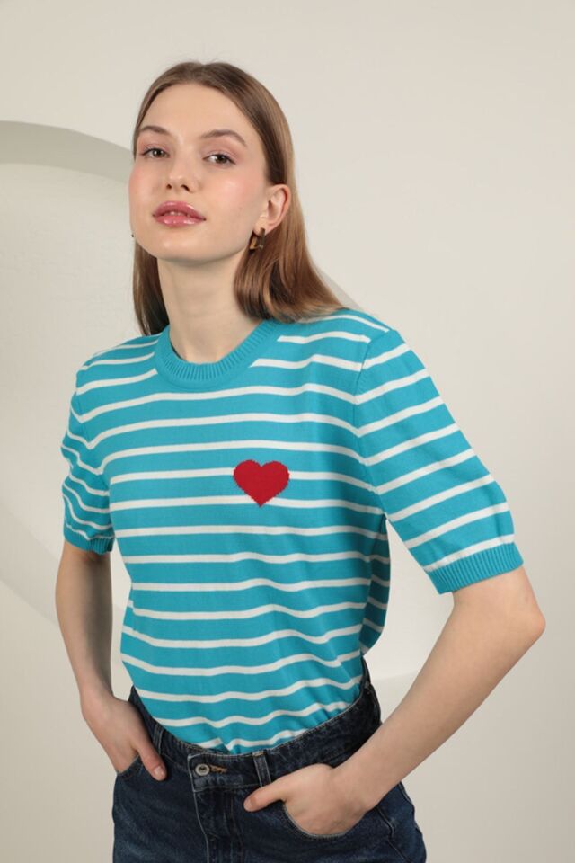 Triko Çizgili Kalp Desenli Kadın Kısa Kol Siyah Bluz Turkuaz - Standart