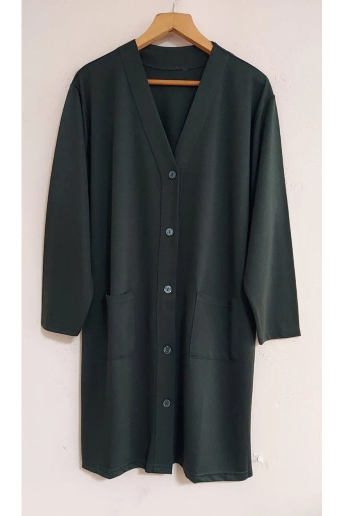 Anne Uzun Kollu Cepli Penye Tunik Ceket Yeşil - XL