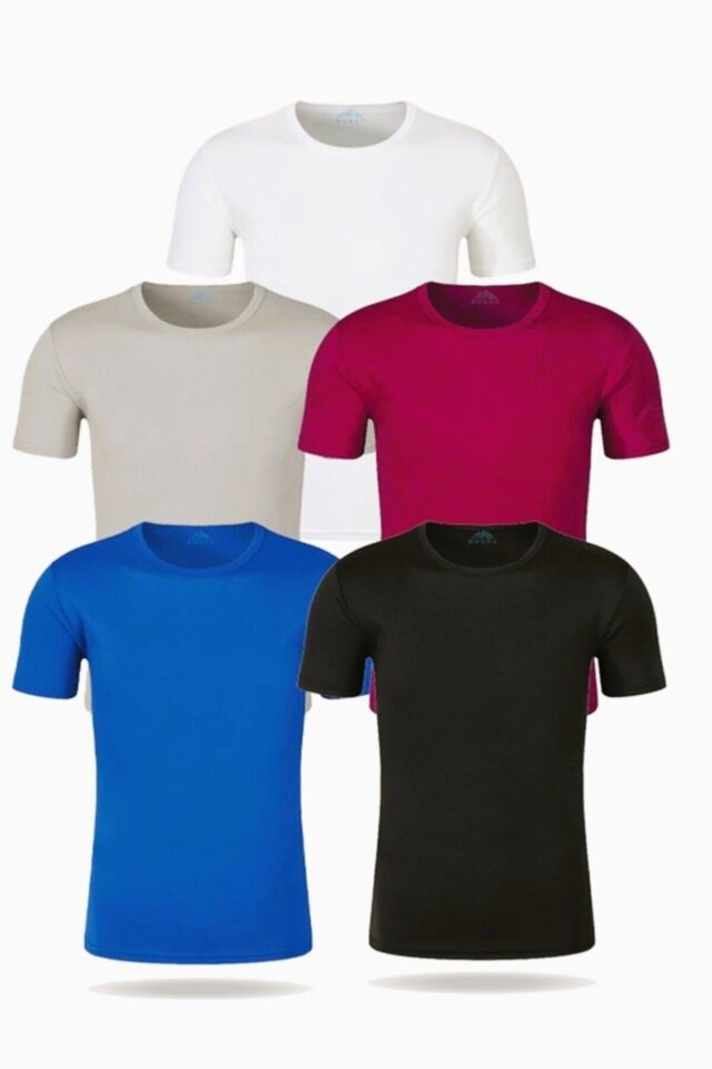 Erkek Düz Renk 5'li Paket Beyaz Gri Kırmızı Saks Siyah T-shirt