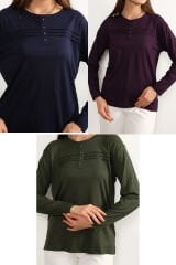 3 lü Paket Kadın Likralı Lacivert Mor Haki Anne Penye Bluz Yeni Sezon Çizgili Şeritli Lacivert-Mor-Haki - 5XL