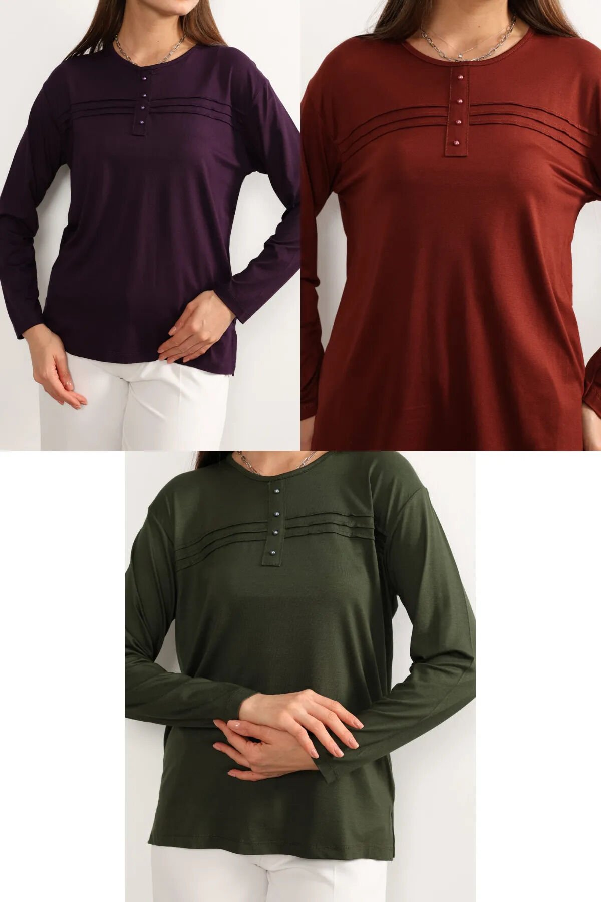 3 lü Paket Kadın Likralı Lacivert Mor Haki Anne Penye Bluz Yeni Sezon Çizgili Şeritli Mor-Kiremit-Haki - 5XL