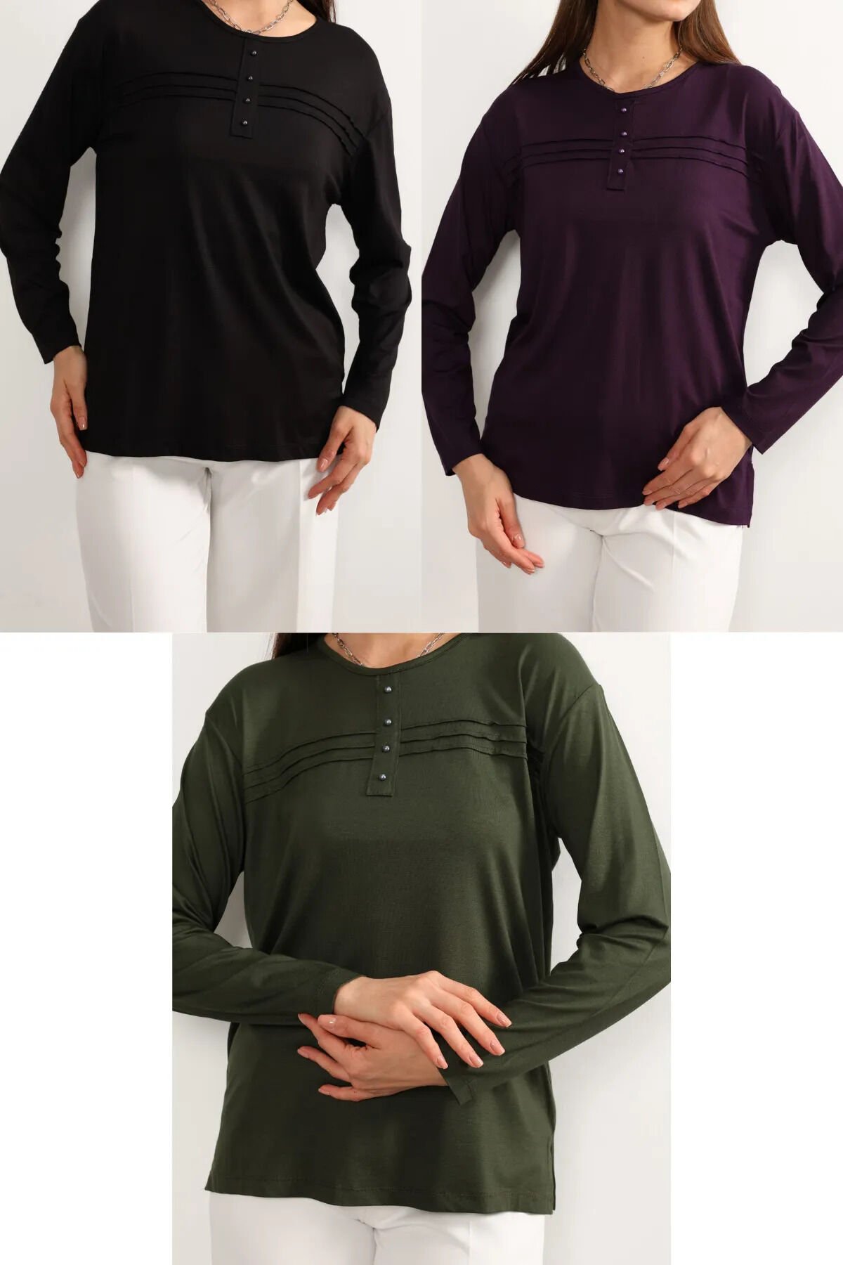 3 lü Paket Kadın Likralı Lacivert Mor Haki Anne Penye Bluz Yeni Sezon Çizgili Şeritli Siyah-Mor-Haki - 5XL